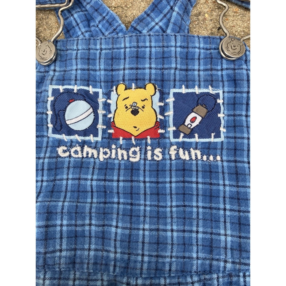 VTG Disney Winnie The Pooh Plaid Camping Hiking Overalls Y2K 6-9 Months Cotton - Picture 2 of 8
